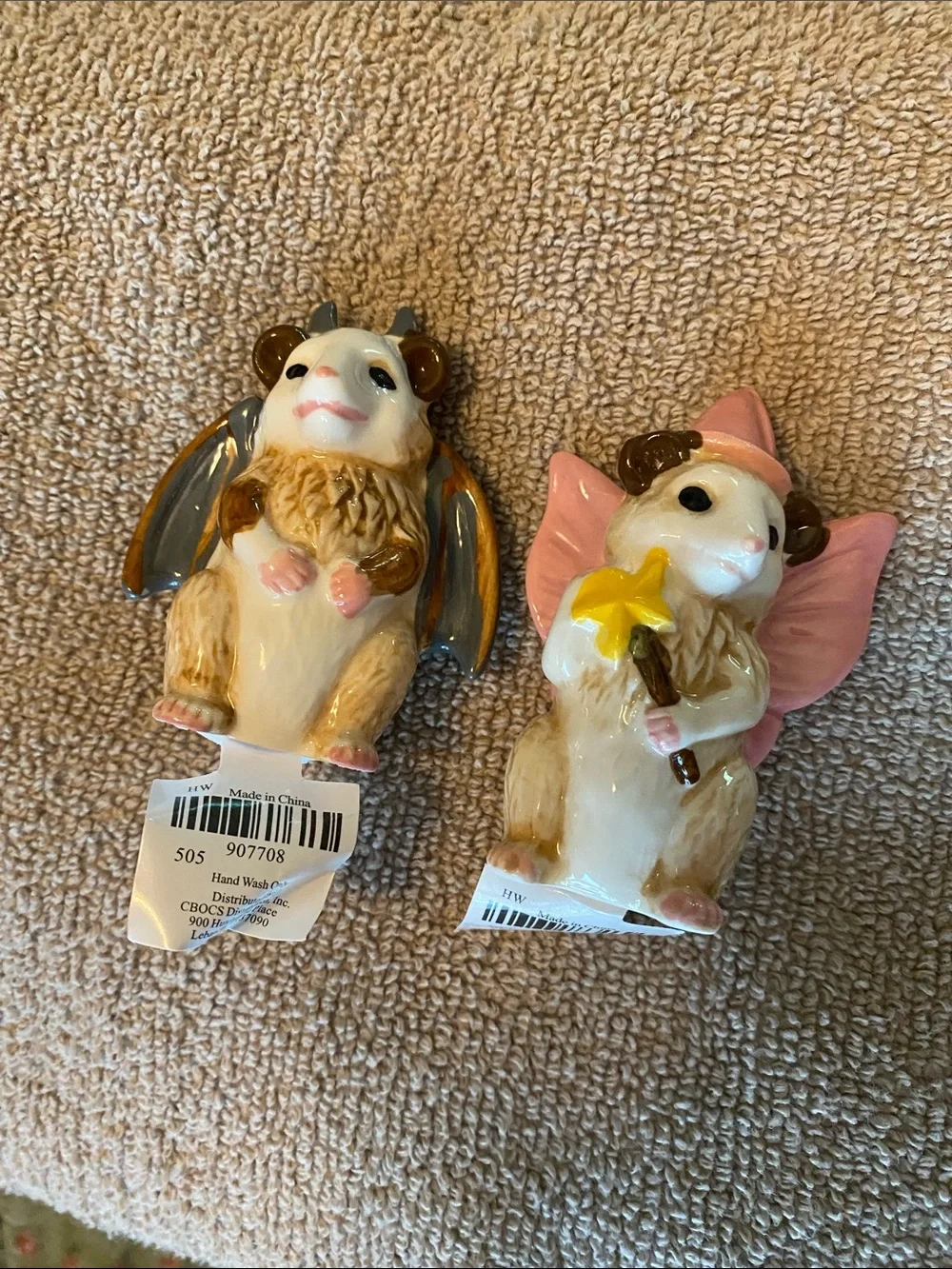 Cracker Barrel Ceramic possum Bat Fairy mini salt pepper set- Pink & Gray Wings